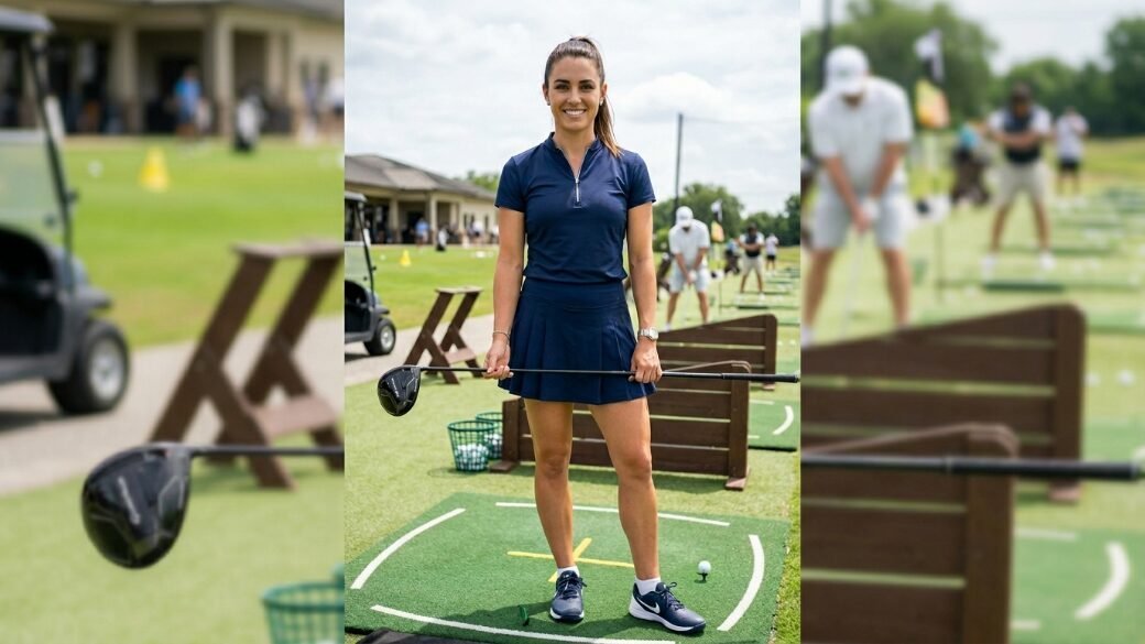 A woman in a navy polo and pleated skirt stands holding a golf club on a driving range practice mat.