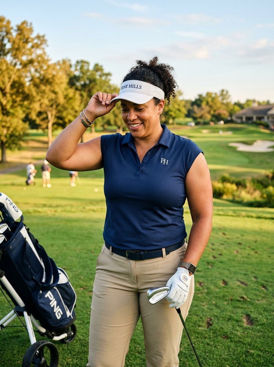 A female golfer in a navy polo and khaki pants holding a golf club on a sunny day.