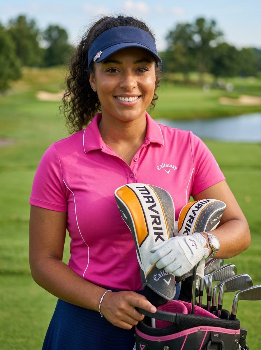 Portrait of a woman wearing a pink polo and blue visor holding golf clubs with orange and white headcovers.