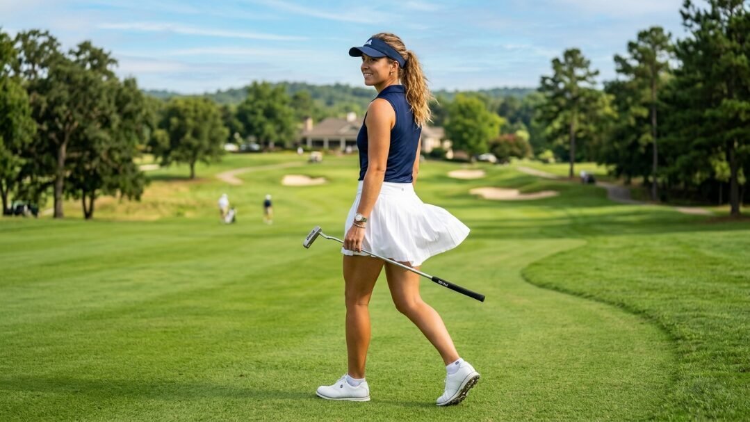 A woman in a navy top and white skirt walks across a sunny golf course holding a putter.