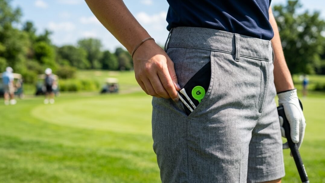 Close-up of a female golfer taking white wooden tees and a green ball marker out of her casual shorts pocket.