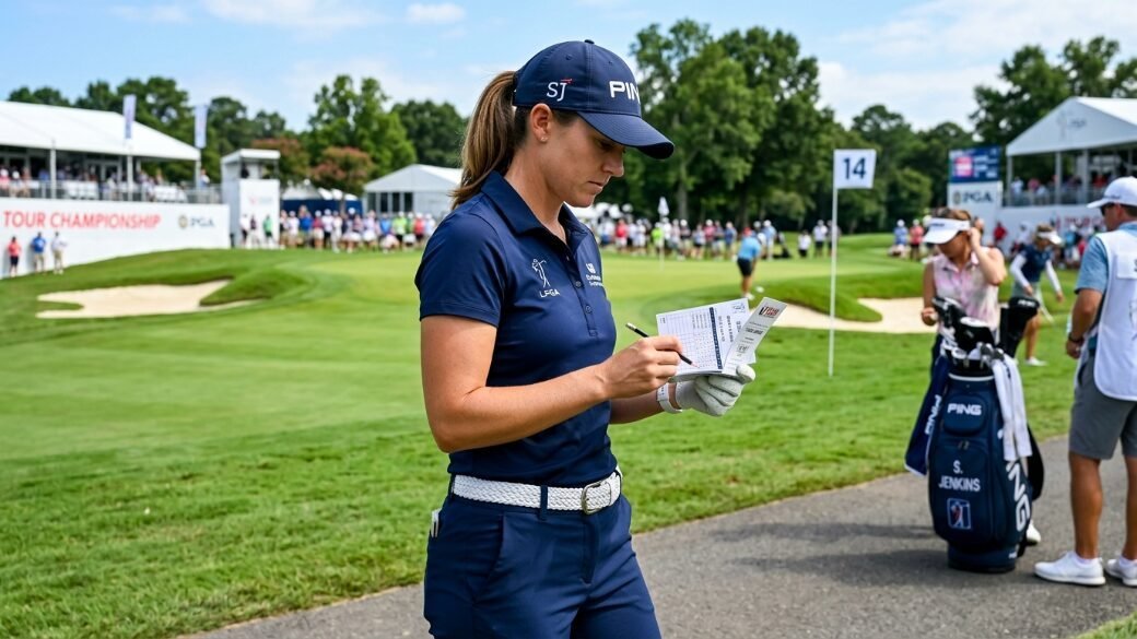 Professional golfer in navy blue apparel checking her scorecard during a sunny day at a golf championship.