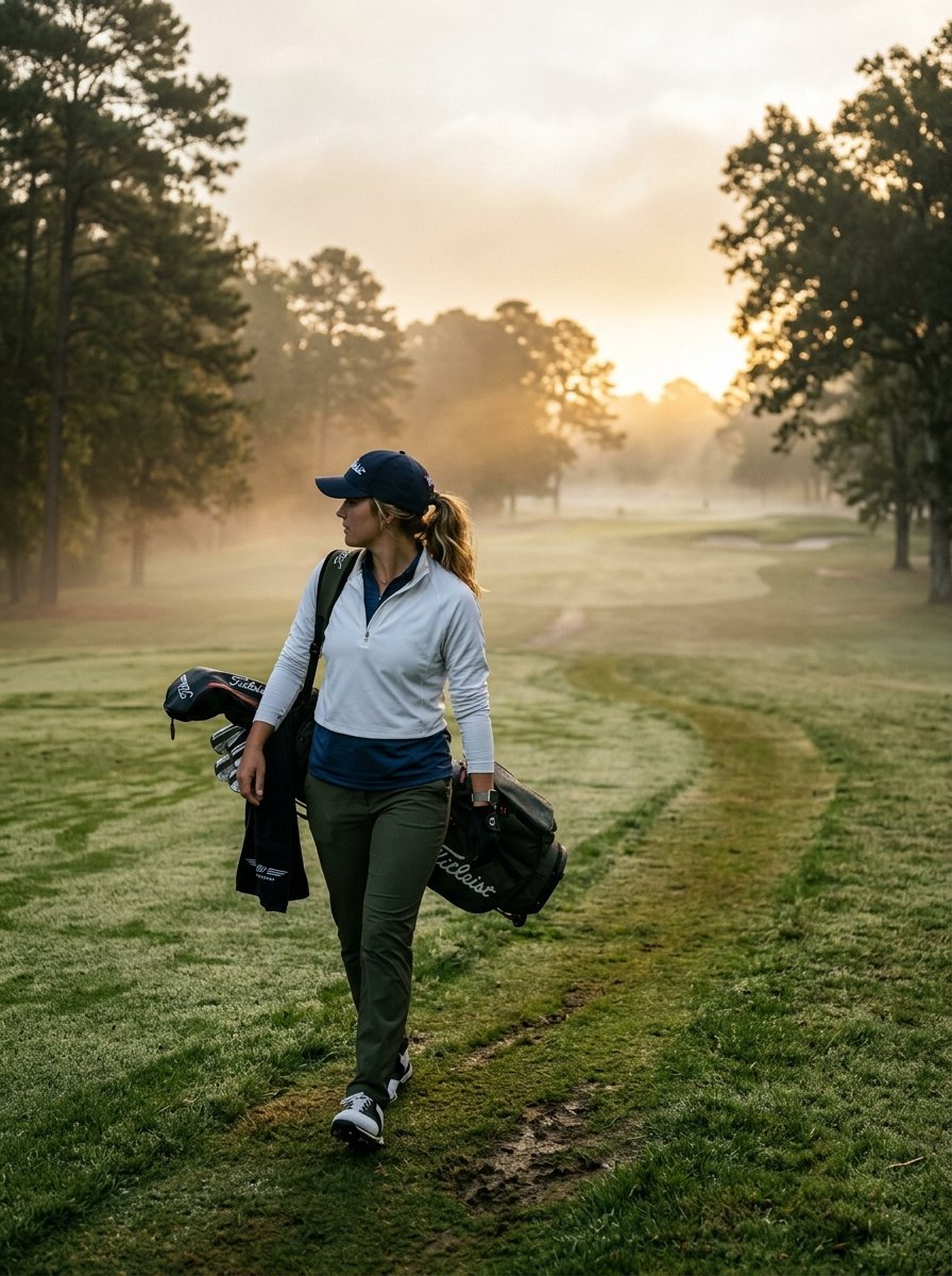 Golfer carrying a bag on her shoulder through a foggy, sunlit golf fairway.