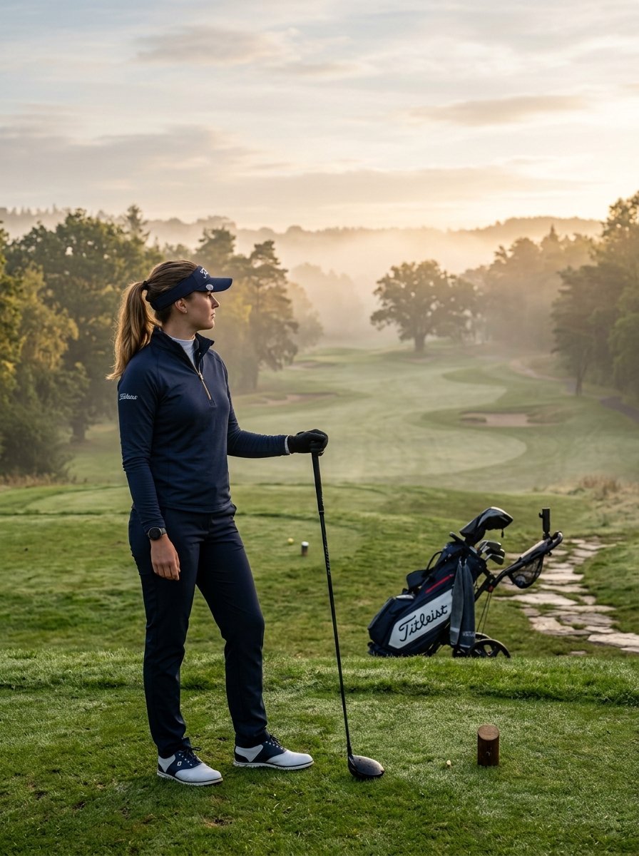 Golfer in dark athletic gear holding a driver at a foggy golf course with her bag resting on the grass nearby.