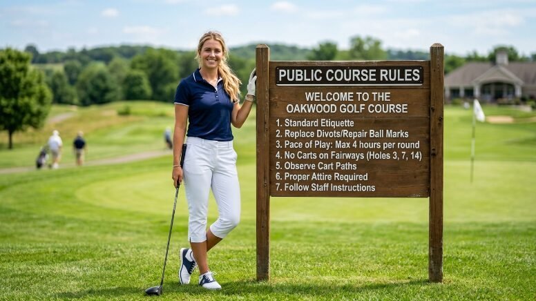 Blonde woman in golf attire posing next to a wooden public course rules sign on a sunny day.