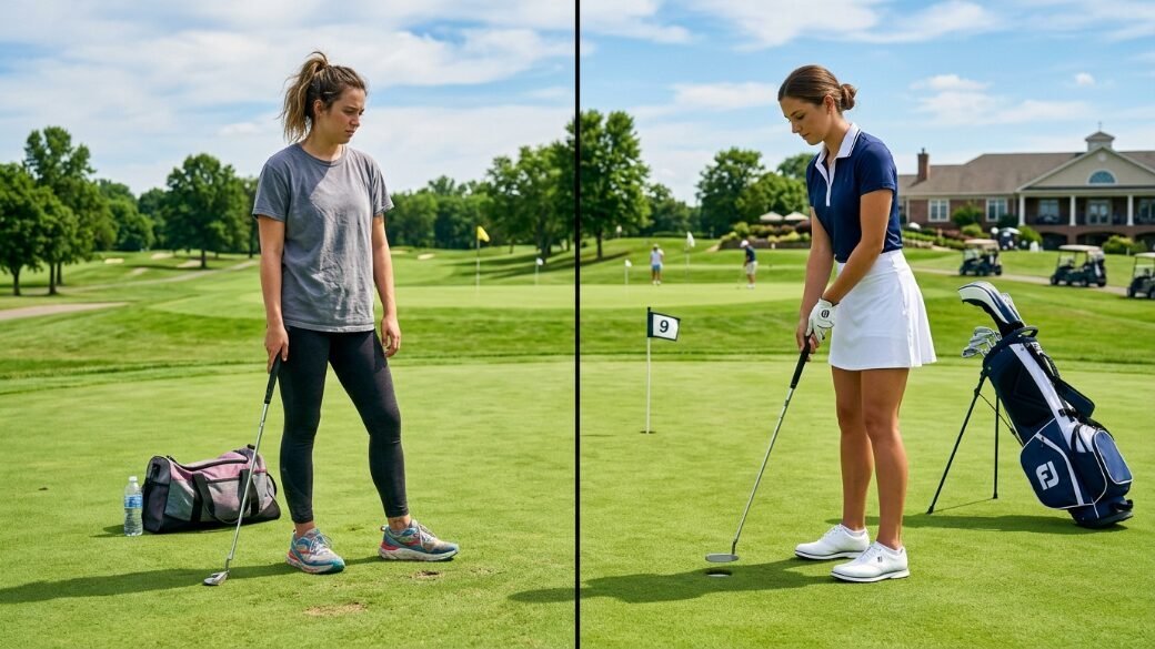 Split image showing a golfer in casual clothes and then in golf attire putting on a green.
