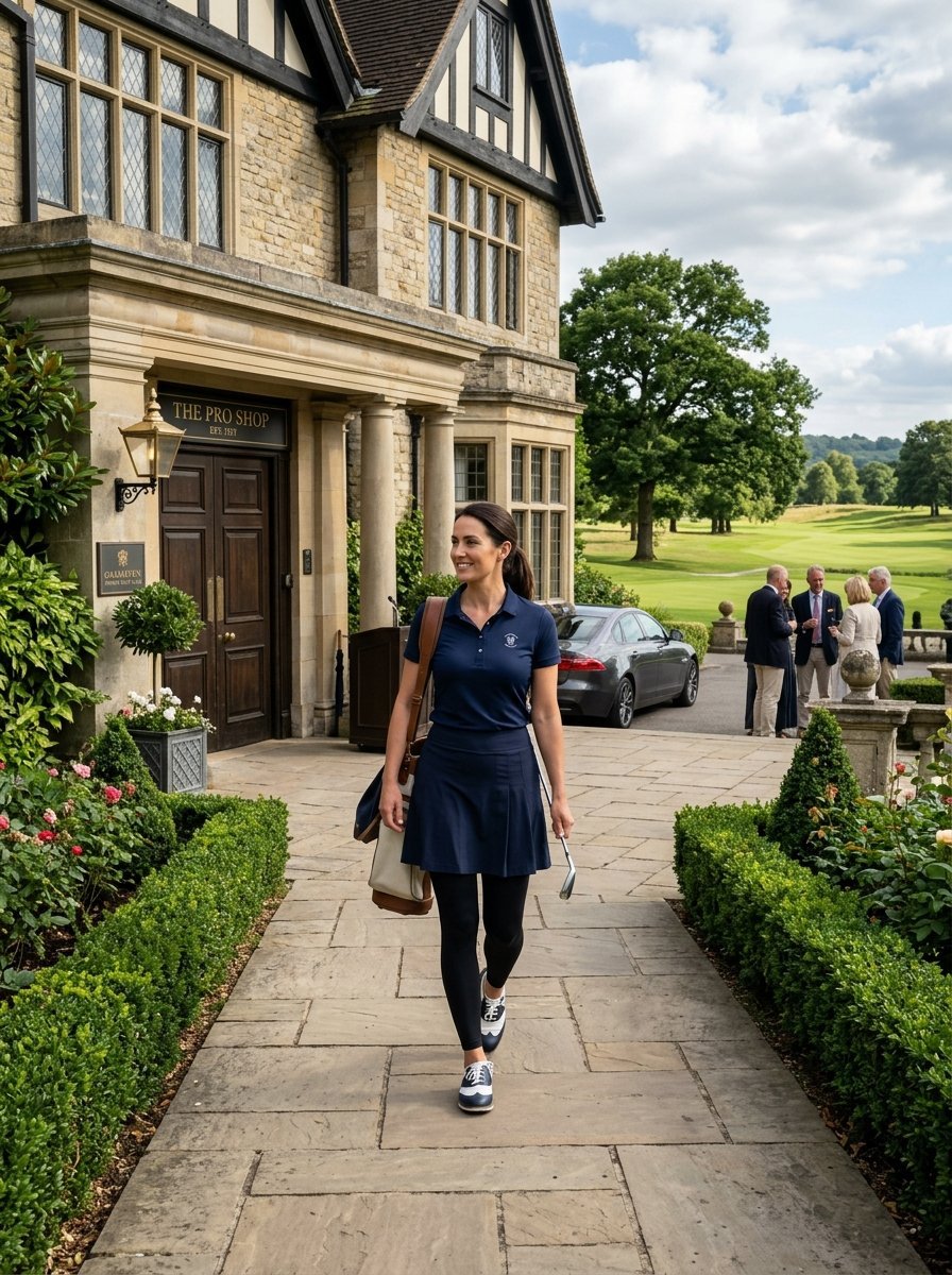 A female golfer in a dark polo and pleated skirt walks down a stone path in front of a historic clubhouse.