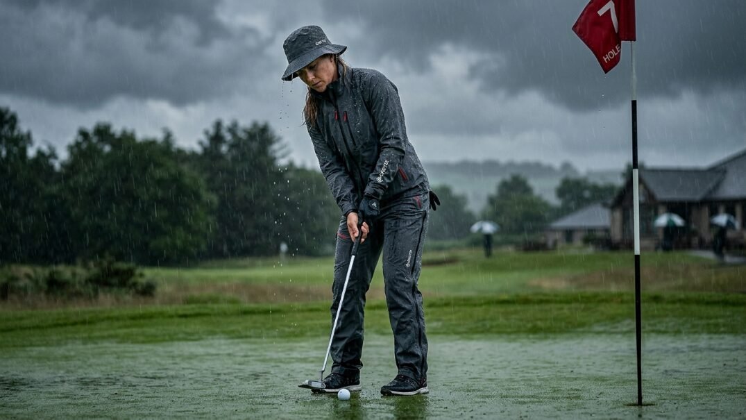 A female golfer in waterproof gear putting on a rainy day near a flag.