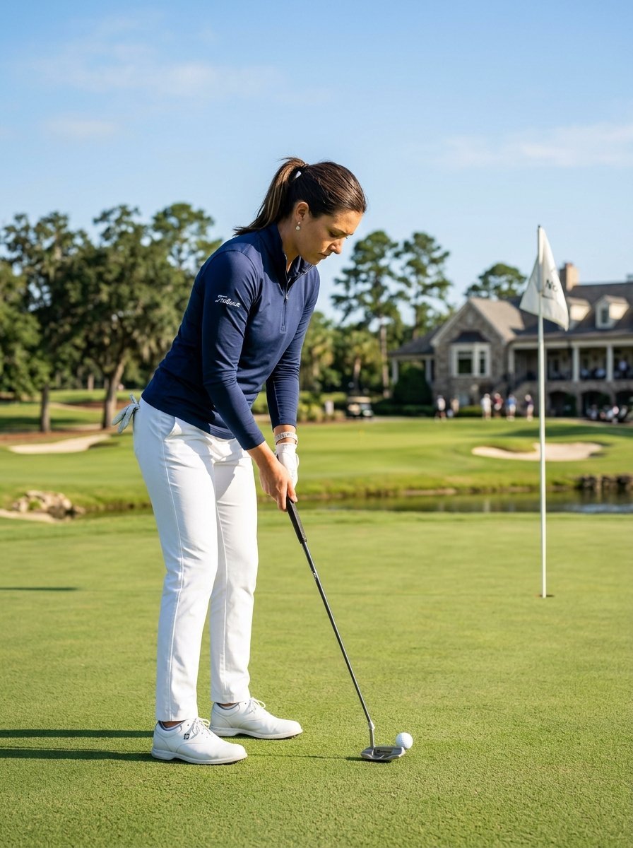 Woman in blue shirt and white pants preparing to hit a golf ball on a sunny course with a clubhouse in the background.