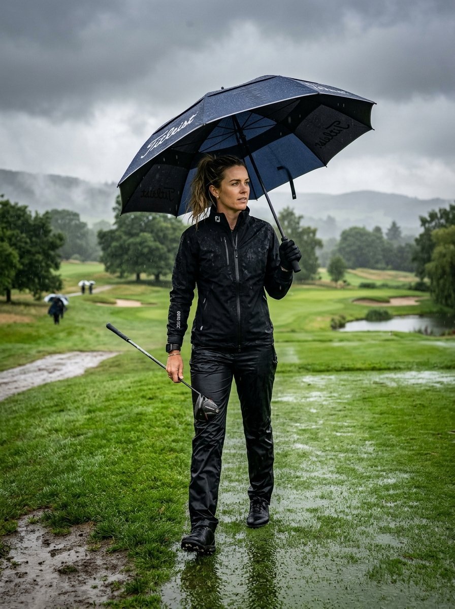 Female golfer in waterproof jacket holding a Titleist umbrella and golf club on a wet, misty golf course.