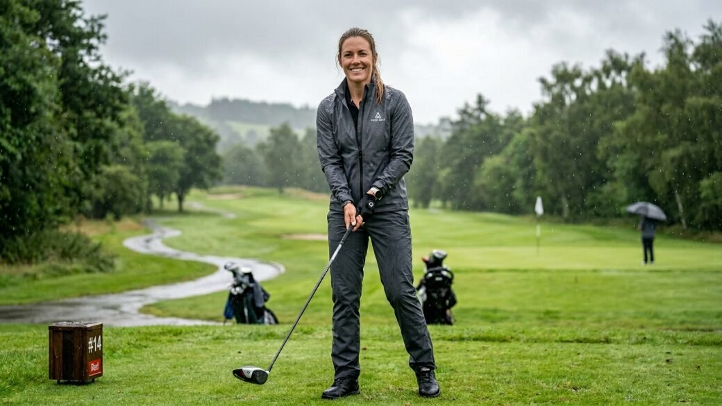 A woman golfer in wet-weather gear holding a club on a golf course during a light rain shower.