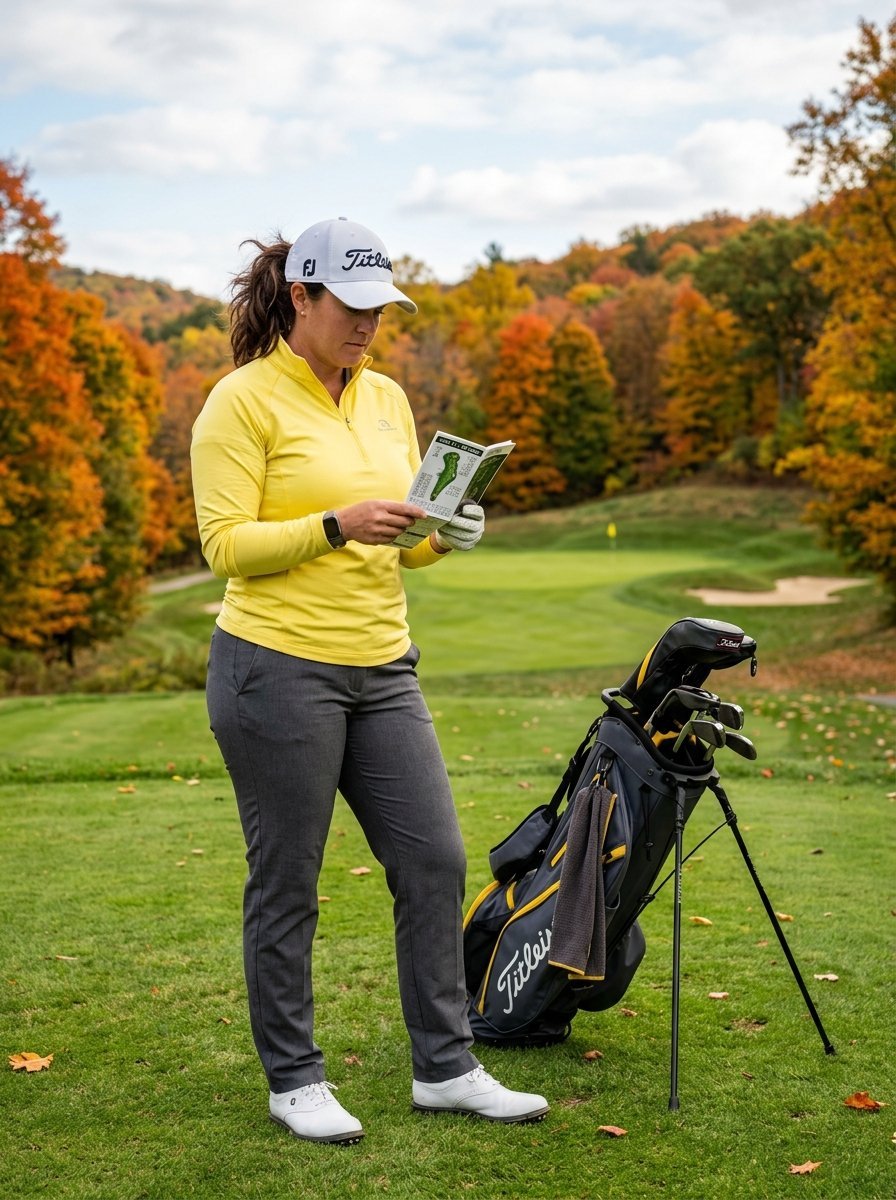 A woman in a yellow shirt reads a green guide on a golf course with vibrant fall foliage in the background.
