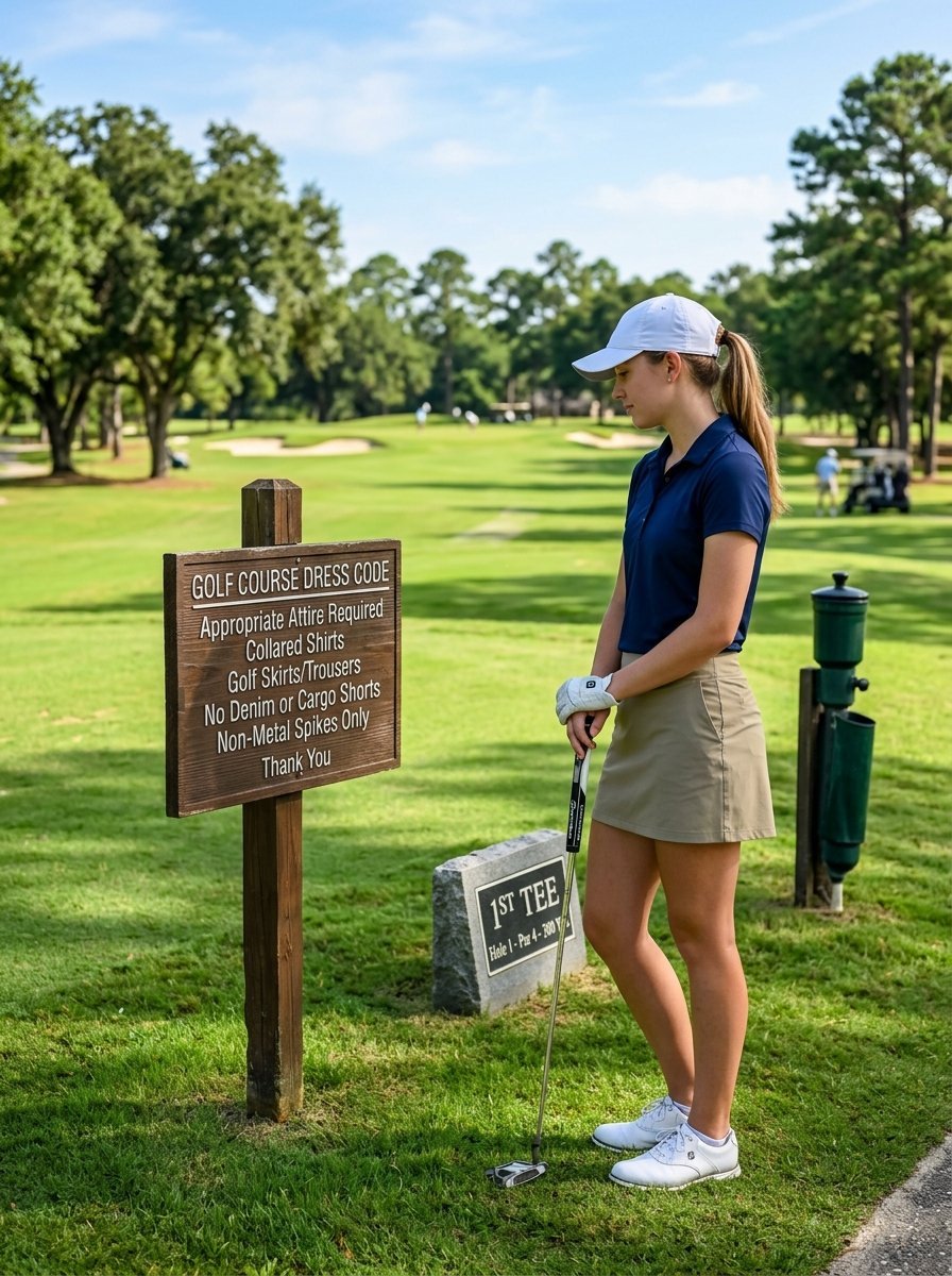 A female golfer in a navy polo and khaki skirt standing by a golf course dress code sign at the first tee.