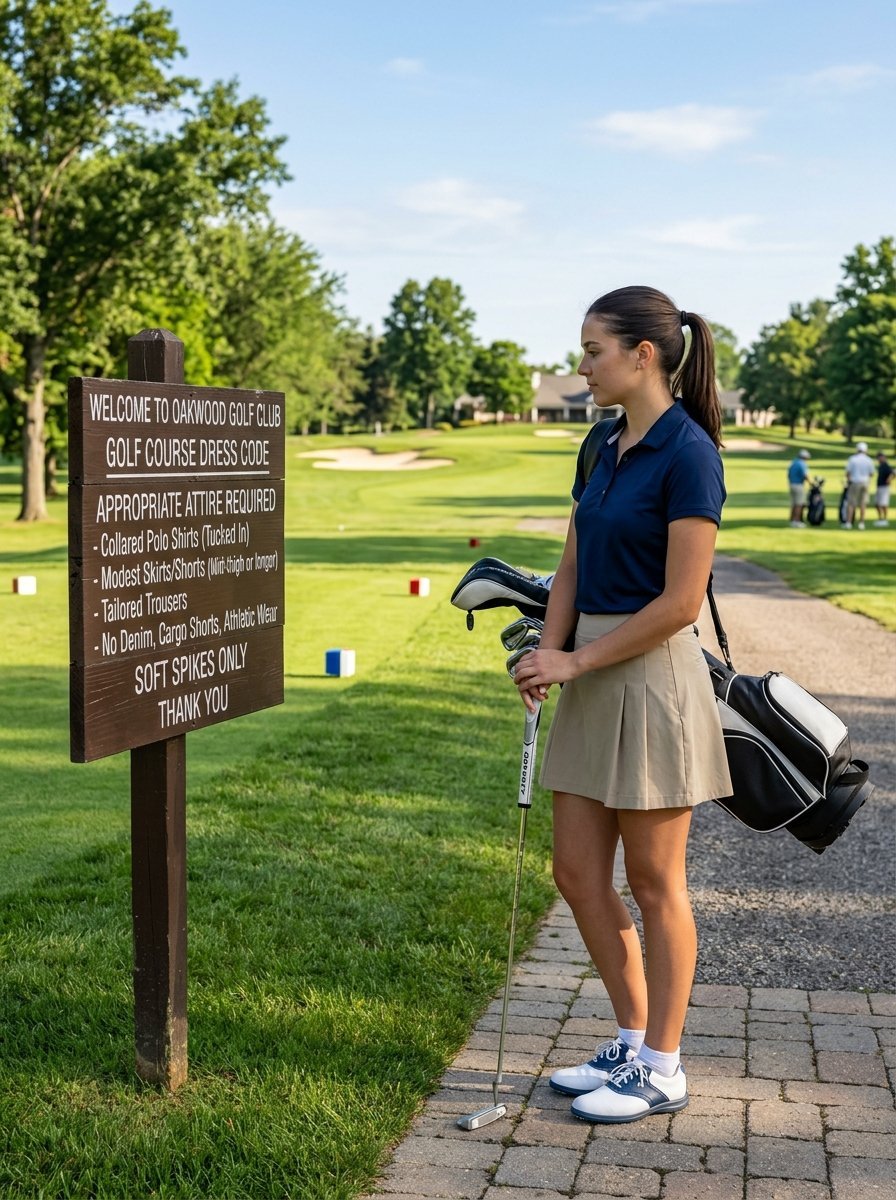 A woman carrying a golf bag stops to read a wooden course dress code sign on a sunny day.