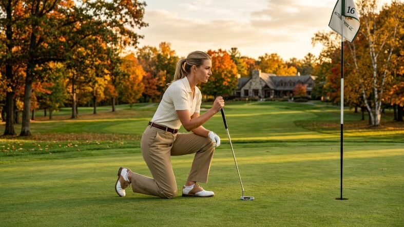 A female golfer kneeling on the putting green to analyze her shot near the 16th hole flag.