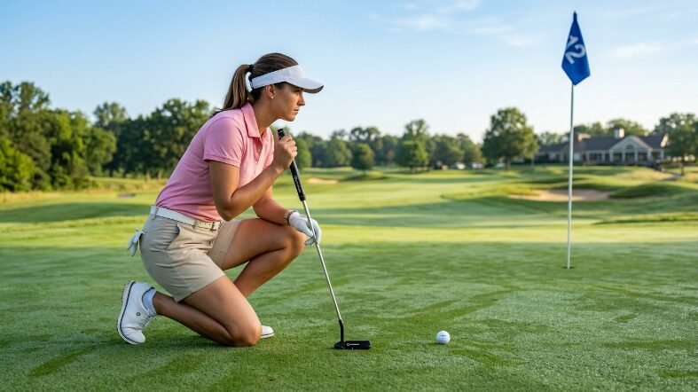 A woman in a pink shirt and white visor examines the grass on a golf course near a white ball and flag.