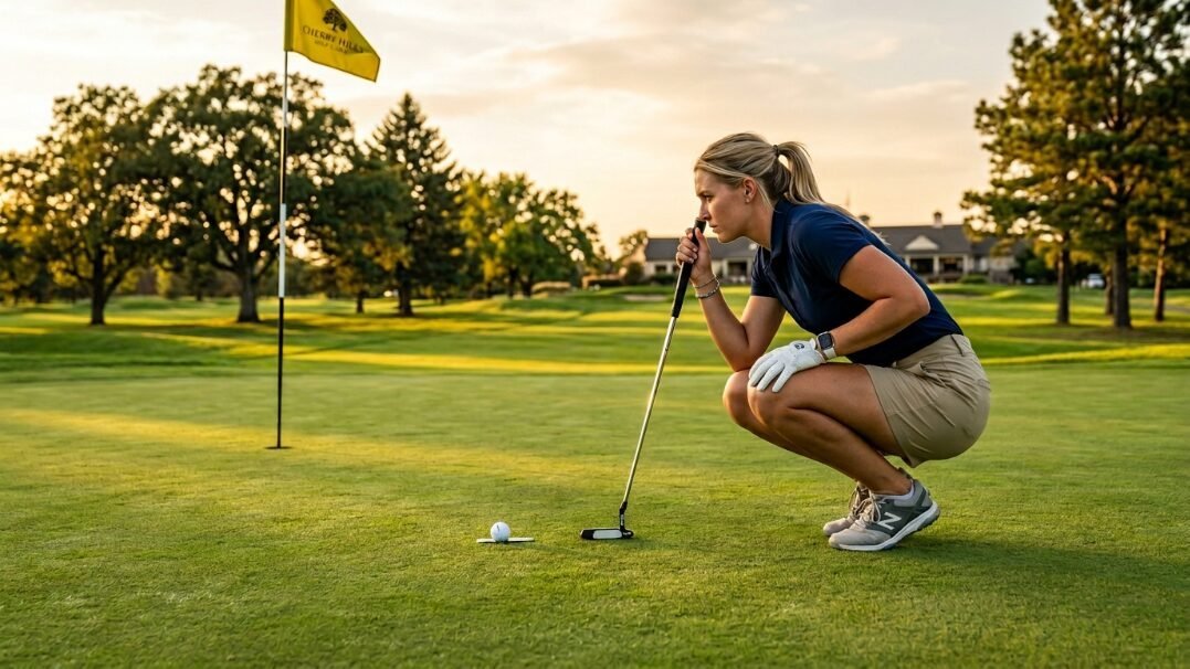 A female golfer crouches on a green to analyze the line of her putt toward the flagstick at sunset.