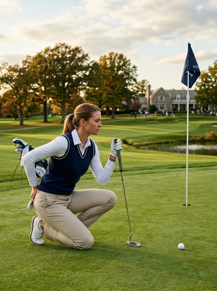A female golfer in a navy vest kneels on the green holding a putter near the golf hole and flag.