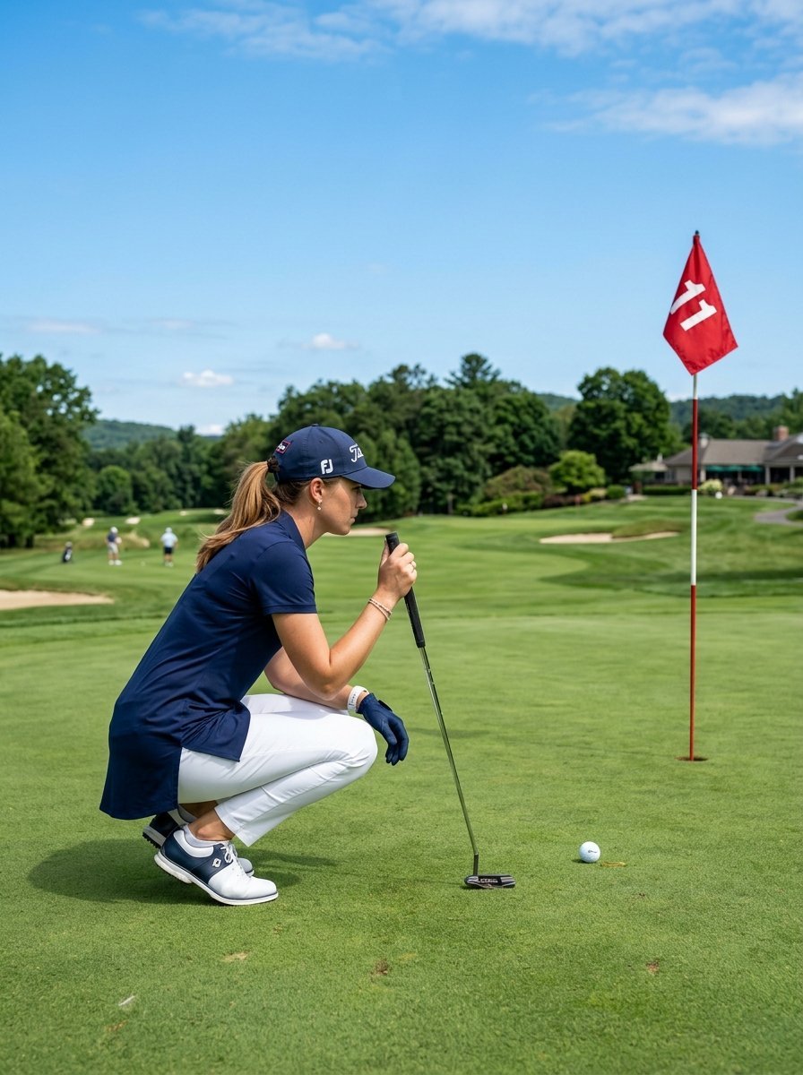 A woman golfer in a blue shirt and white pants lines up a shot near hole eleven on a sunny golf course.