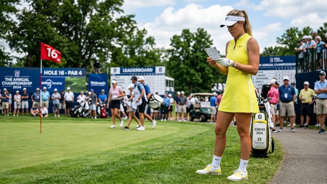 Professional golfer wearing a bright yellow dress and white visor checks her scorecard at a tournament.