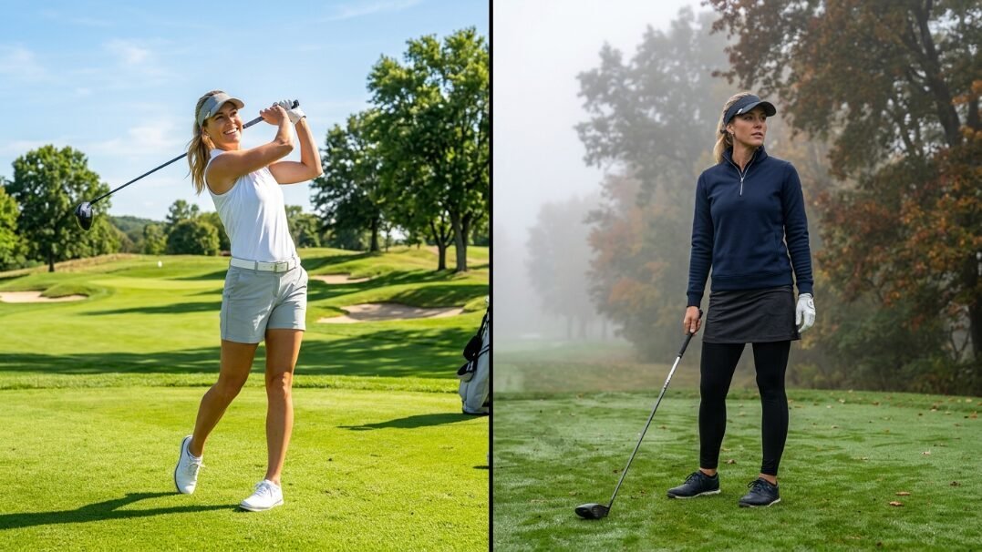Split view of a female golfer wearing a white polo and shorts versus a navy sweater and black leggings on the fairway.