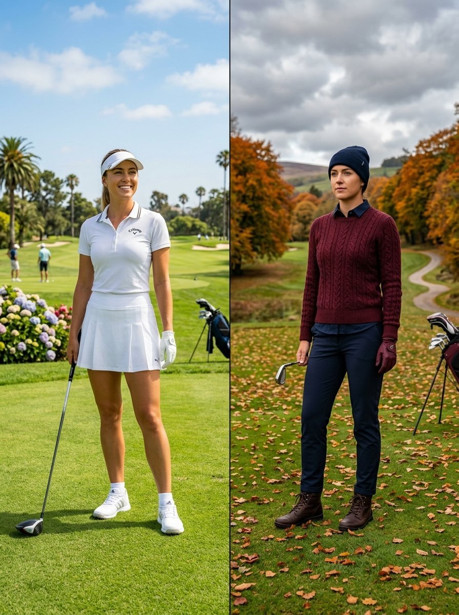Split screen showing a woman in a summer golf outfit and a woman in a maroon sweater and beanie on an autumn course.