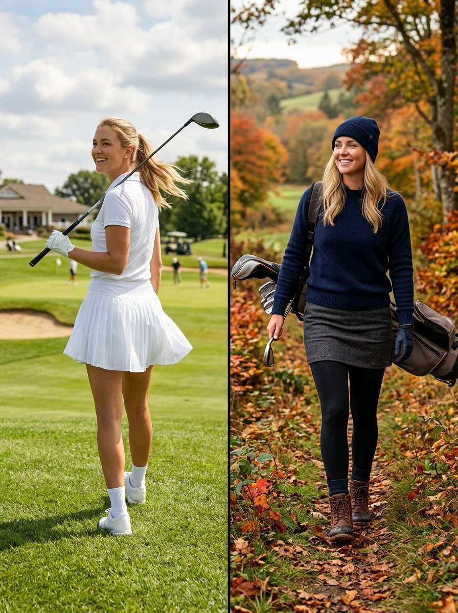 Split image showing a woman in summer golf gear on a course and in autumn layers on a wooded path.