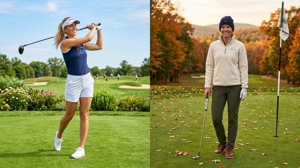Split screen image showing a female golfer in summer gear and then in a winter fleece on a leaf-covered golf course.