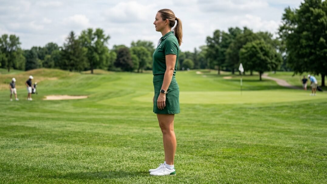 Side profile of a woman with a ponytail wearing a green polo shirt and skirt on a sunny golf course.