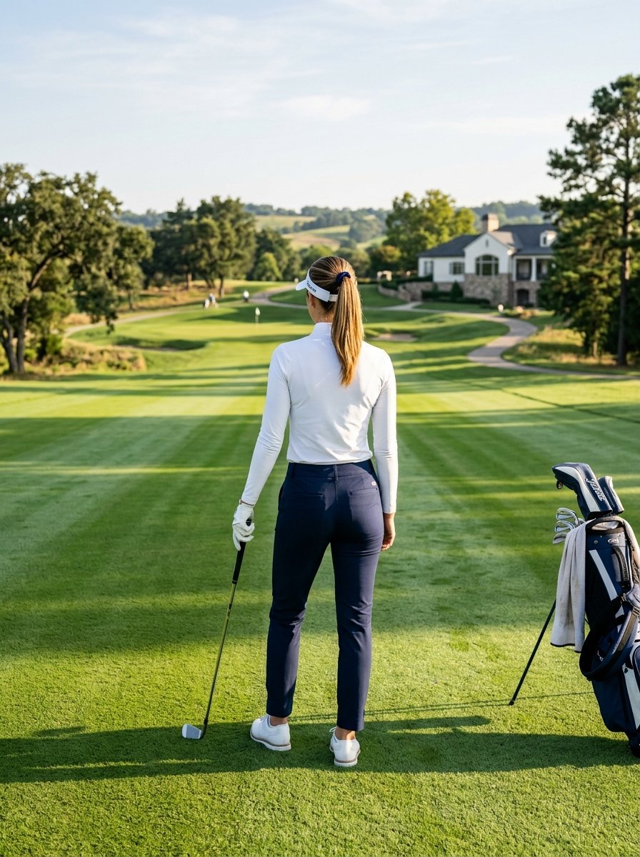Woman in white long-sleeved shirt and blue pants standing on grass holding a golf club with a bag nearby.