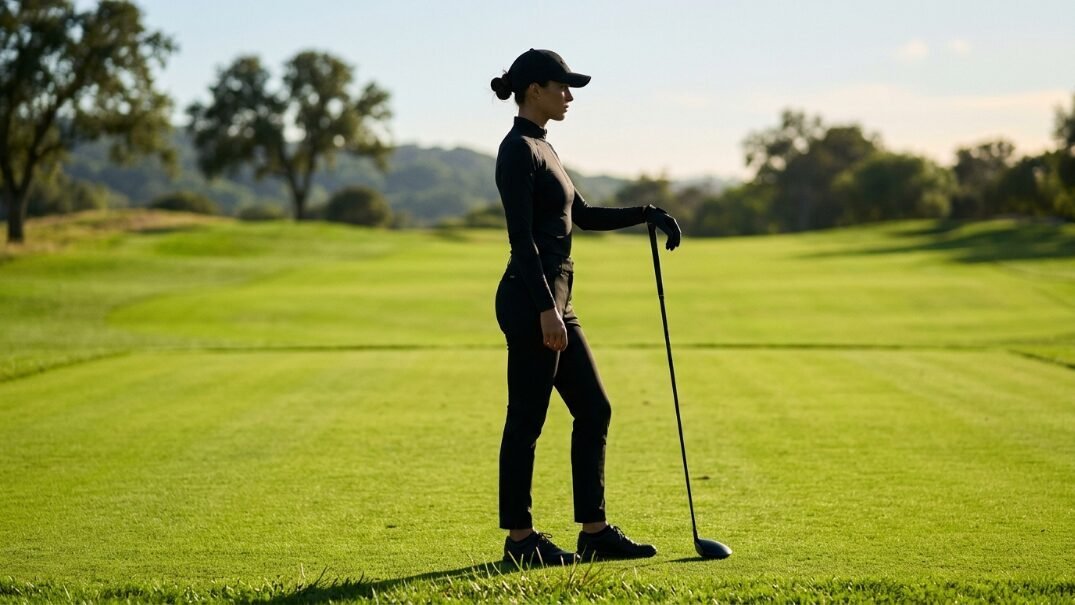 Side profile of a woman wearing a black cap and athletic clothes holding a golf driver on a bright green course.