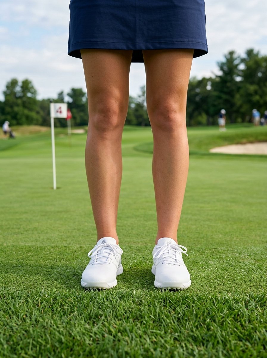 Close up of a woman's legs wearing a navy golf skirt and white sneakers on a putting green.