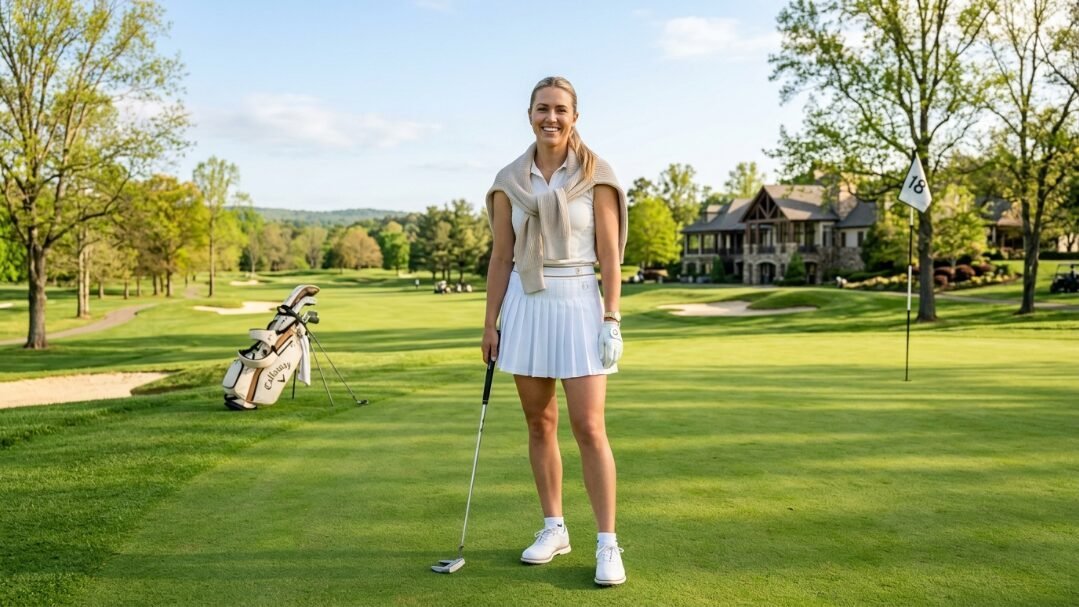 A smiling blonde woman in a white golf outfit stands on the green with a putter near the eighteenth flag.