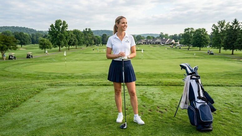 A blonde female golfer wearing a pleated navy skirt and white polo shirt standing on a green fairway.