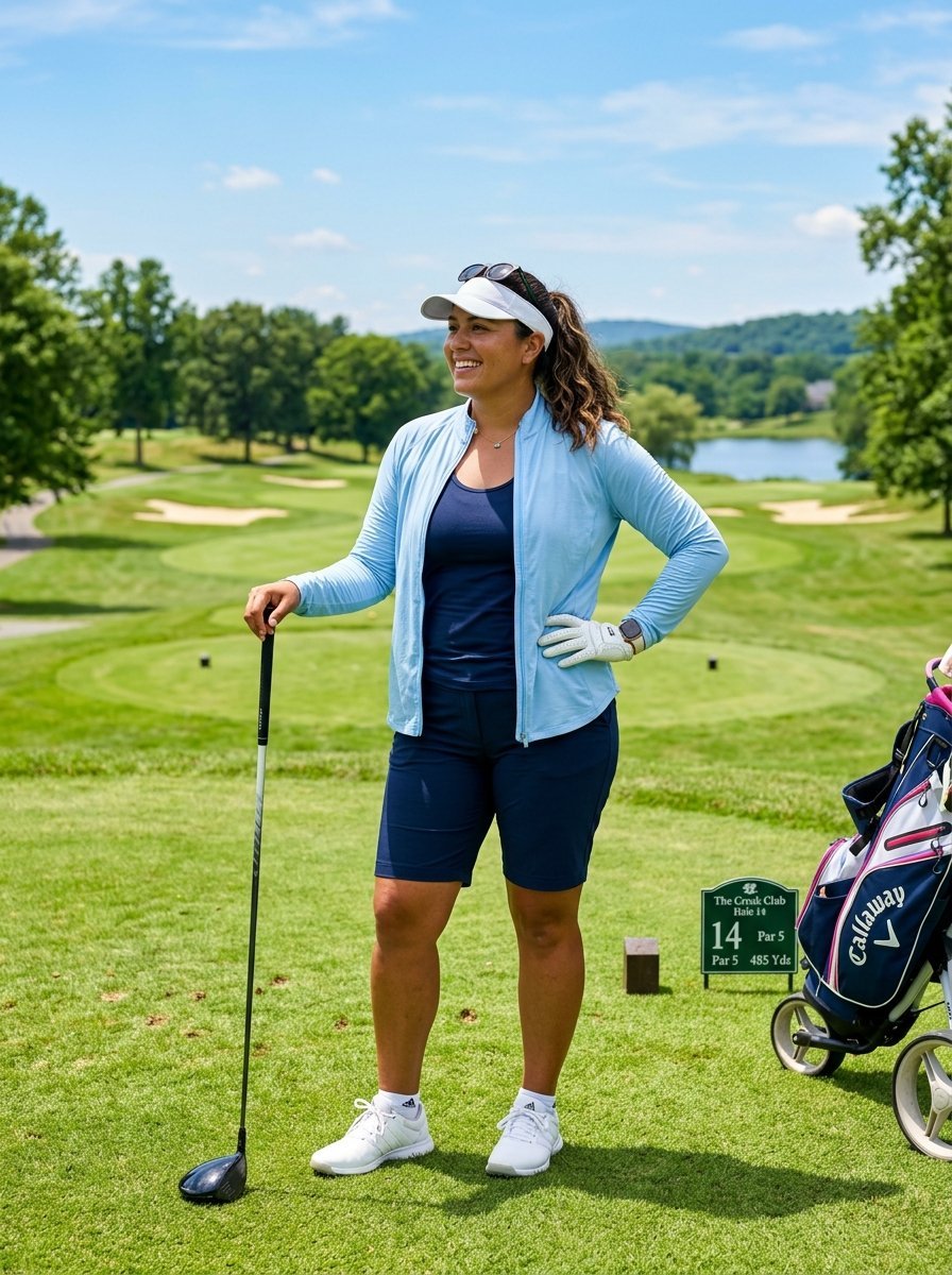 A happy female golfer holding a driver on the 14th hole tee box with a golf bag nearby.