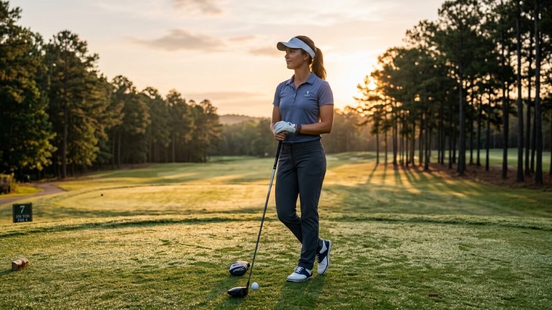 Young female golfer holding a driver on a sunny golf course landscape at golden hour.