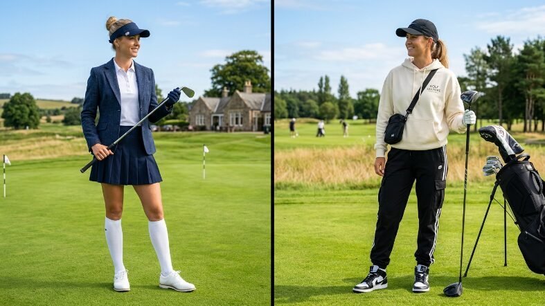 Side-by-side shot of a female golfer in a blazer and skirt versus a hoodie and joggers on a green course.