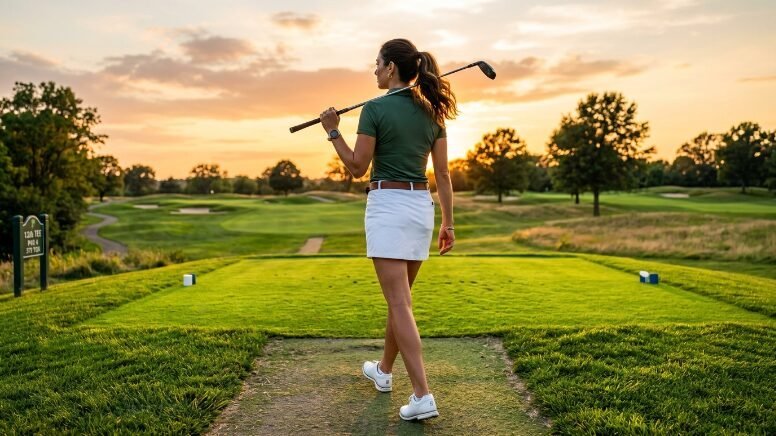 A female golfer carrying a club walks across a tee box towards the green during a scenic sunset.