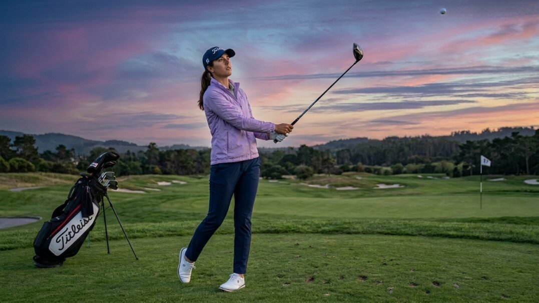 Golfer in a lavender jacket swings a club on a green course with a purple and orange sunset sky.