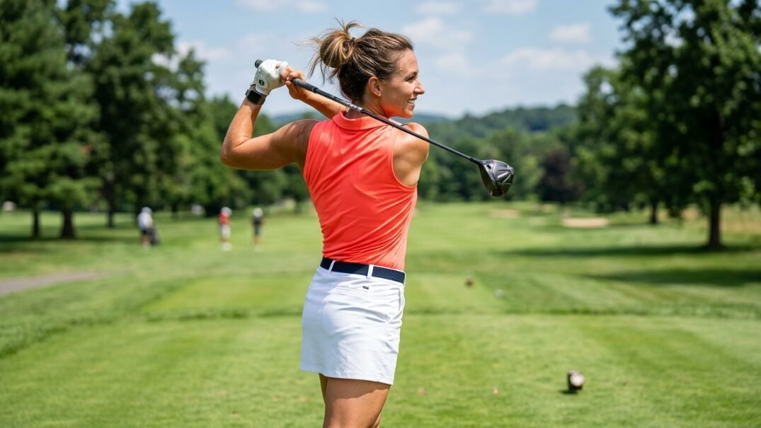 A blonde golfer follows through on a swing while wearing a sleeveless coral shirt and white skirt on a sunny course.