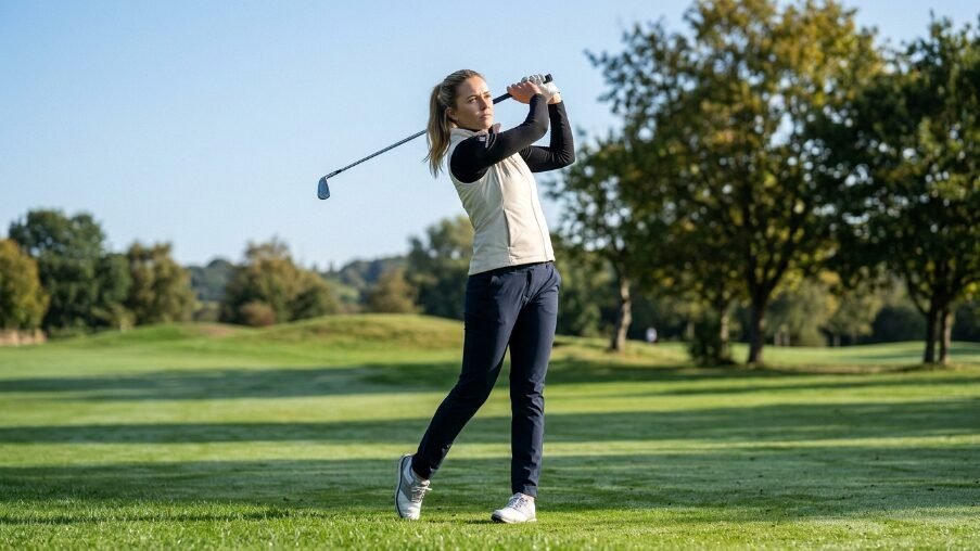 A blonde woman golfer in a cream vest and dark trousers completes a golf swing on a green fairway.