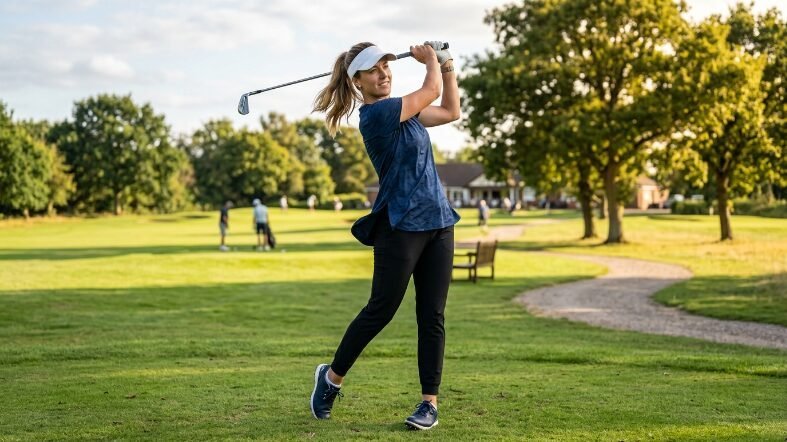 A female golfer in a dark top and visor completing a golf swing on a sunny green course.
