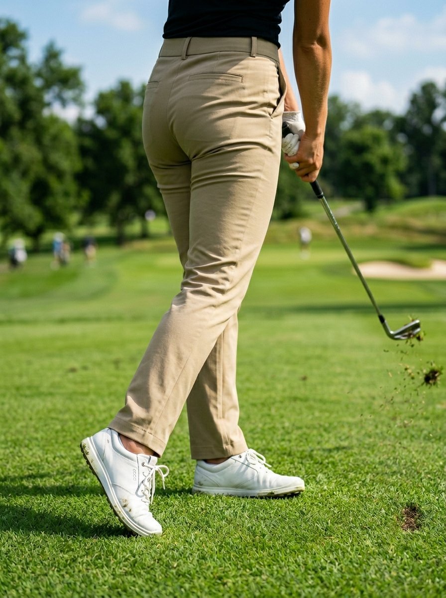 A golfer in khaki pants and white sneakers taking a swing on a sunny golf course.