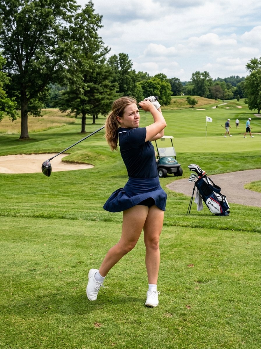 Female golfer in navy athletic wear swings her club on a green course with a cart and flag in the background.