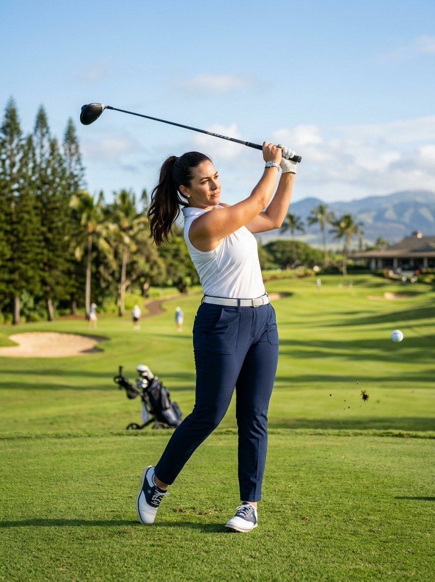 Female golfer in white shirt and navy pants completing a drive on a lush green course with palm trees.