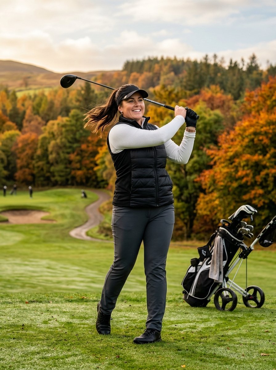 Woman in a black vest and visor hitting a golf ball with a driver on a scenic fall golf course.