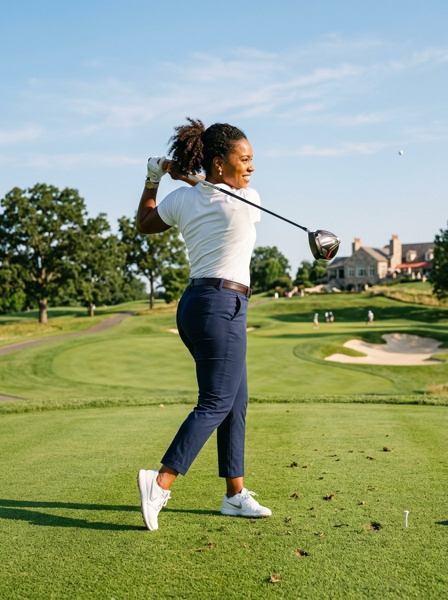 A woman golfer in a white polo and navy pants following through on a swing on a green fairway.