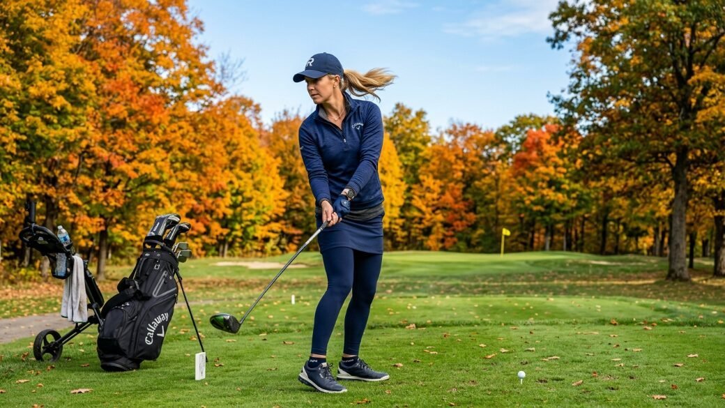 A woman in a navy outfit performs a golf swing on a tee box surrounded by colorful orange and yellow autumn trees.