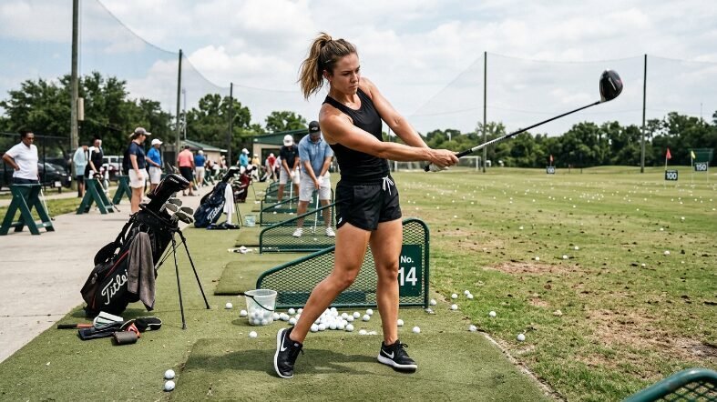 A fit woman in a black tank top swings a golf club at a busy outdoor driving range under a cloudy sky.