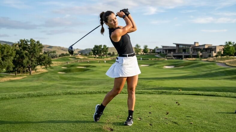 Woman in black tank top and white skirt swinging a golf club on a sunny day at a golf course.